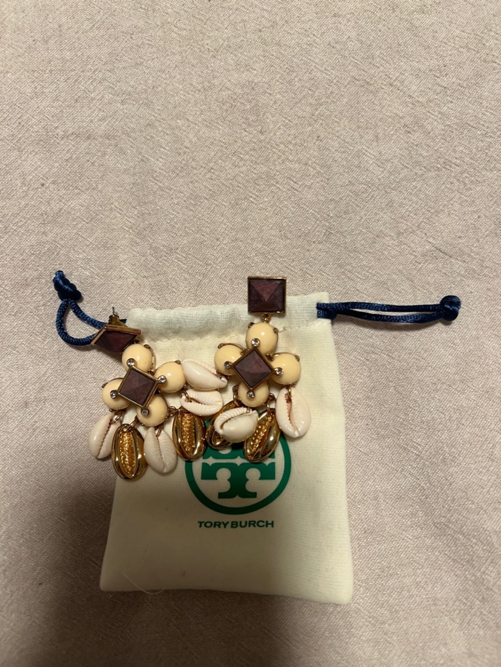 Tory Burch Cream Shell & Gold Dangle Earrings with Brown Accents